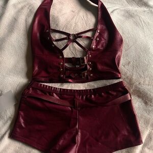 Wine Red Faux Leather Festival/Rave Set Buckle Detail